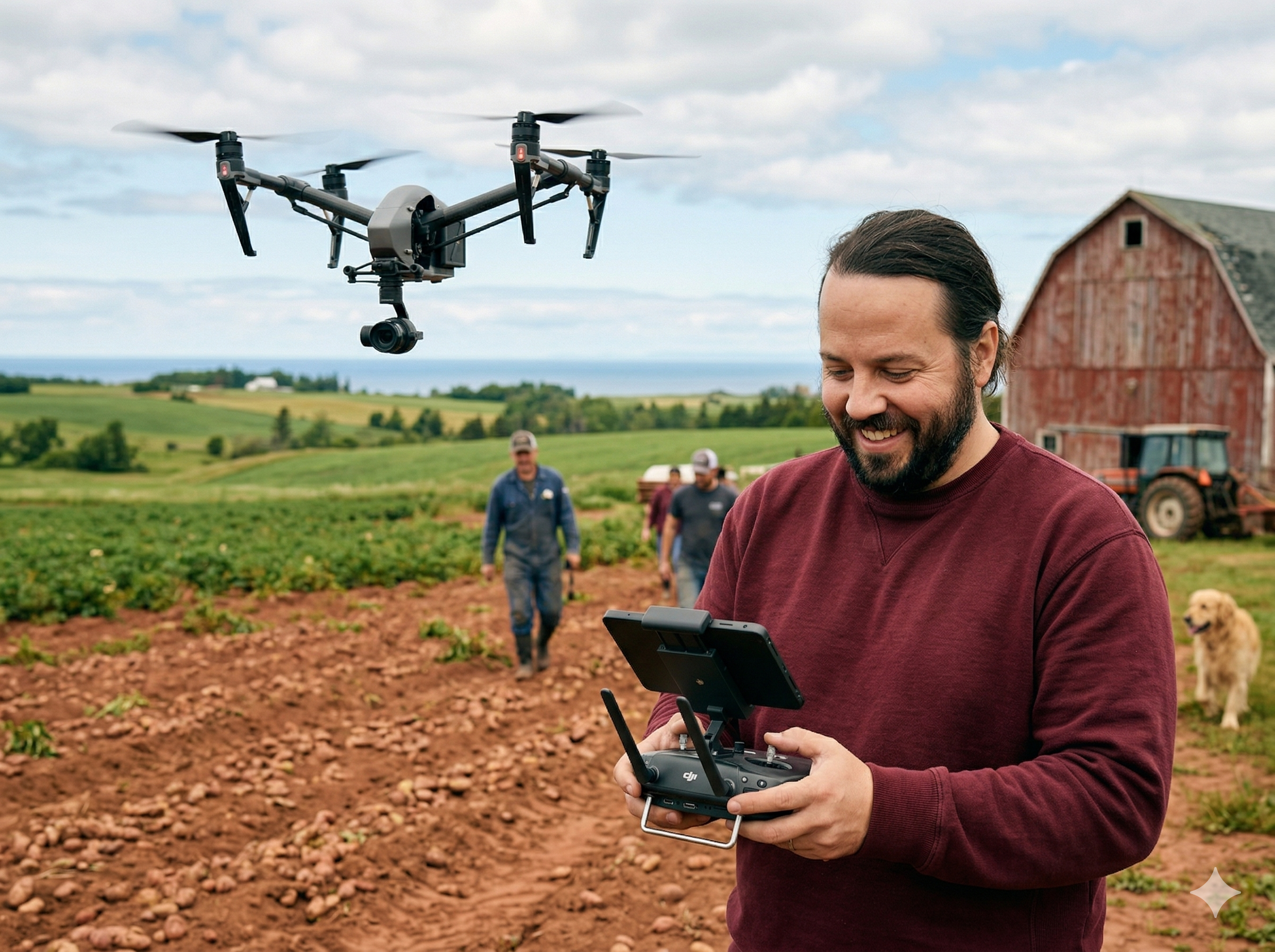 Kyle McCullough flying a drone on his PEI farm
